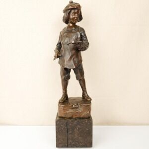 Julius Schmidt Felling Bronze Boy Crossbow Statue Marble‎ Base Antique As Is